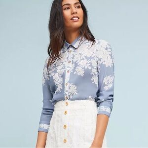 Anthropologie Maeve Blue White Rosalee 100% Silk Floral Blouse